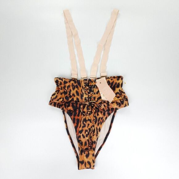 NWT Free People x HAH Get Waisted Lace Up Suspender Bikini Bottom Copper Leopard - Picture 1 of 7